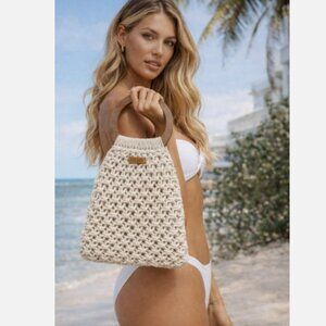 Koala Bay Crochet Macrame Beach Bag‎ Wooden Handle Resort Coastal Purse Portugal